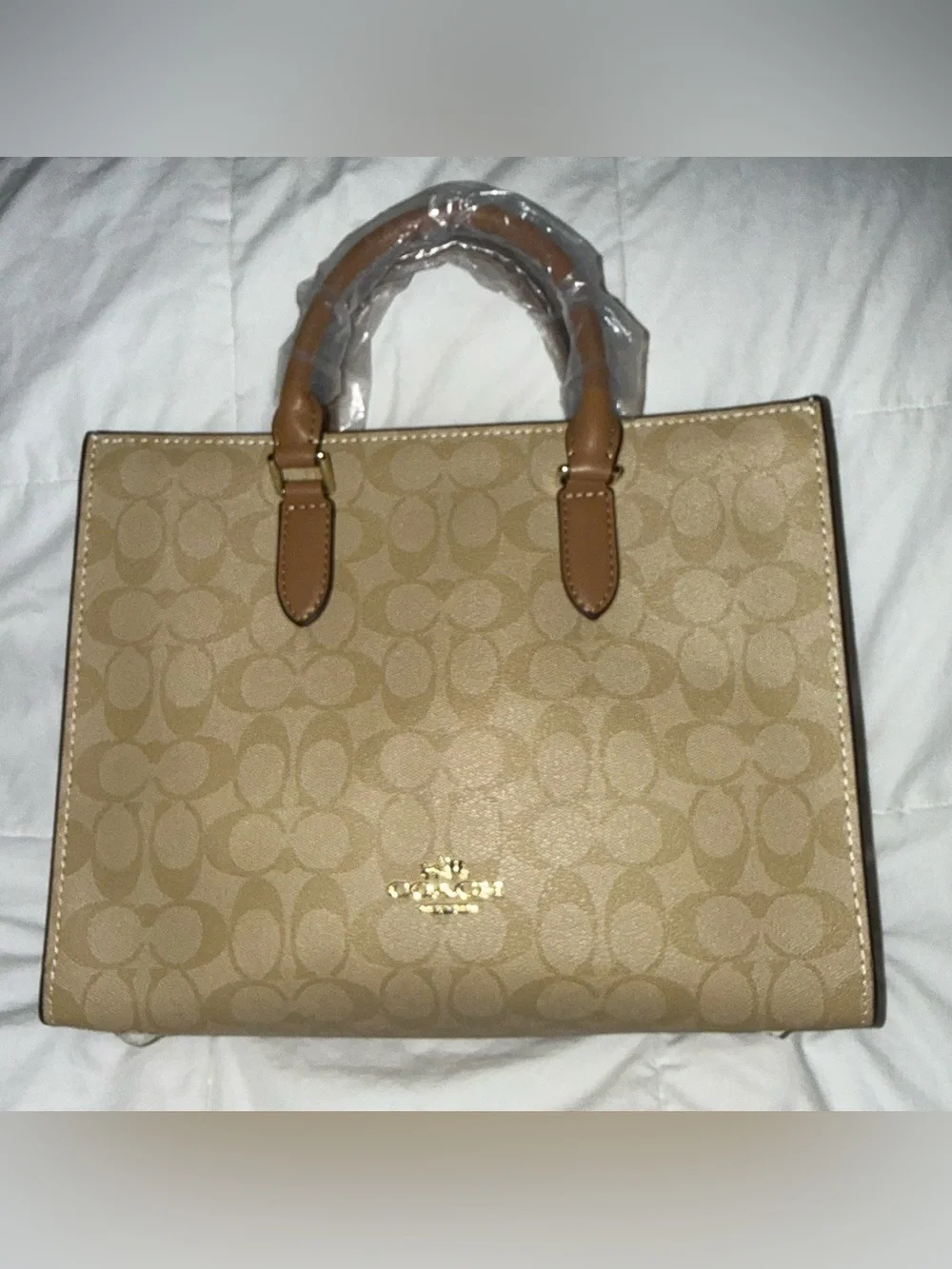 Fashionable Beige Satchel  /Tote with brown Trim